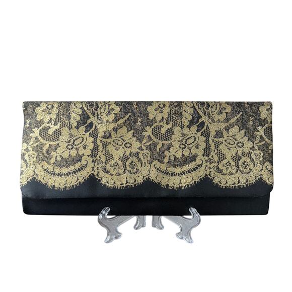 Black and Gold Lace Glitter Print Satin Clutch Purse  - 10w x 5h x 1D - Picture 1 of 10